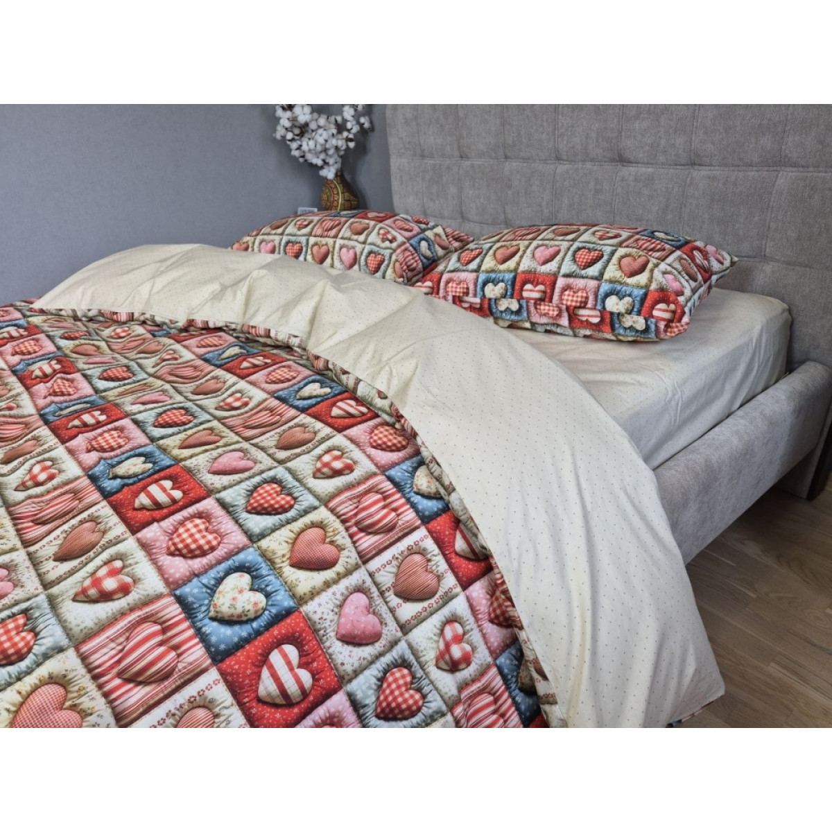 Бавовняна постільна білизна в сердечка cotton 5D Кантрі+Горошок беж